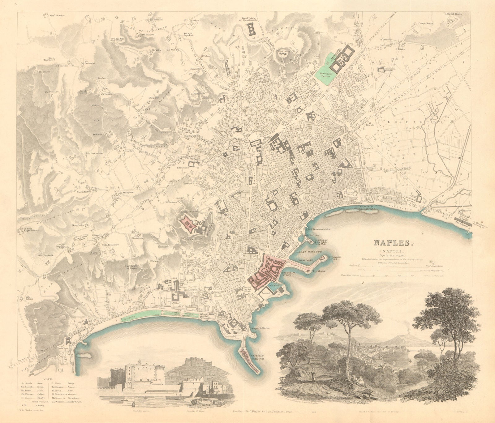 NAPLES NAPOLI. Antique town city map plan & view. Castello St Elmo. SDUK 1847